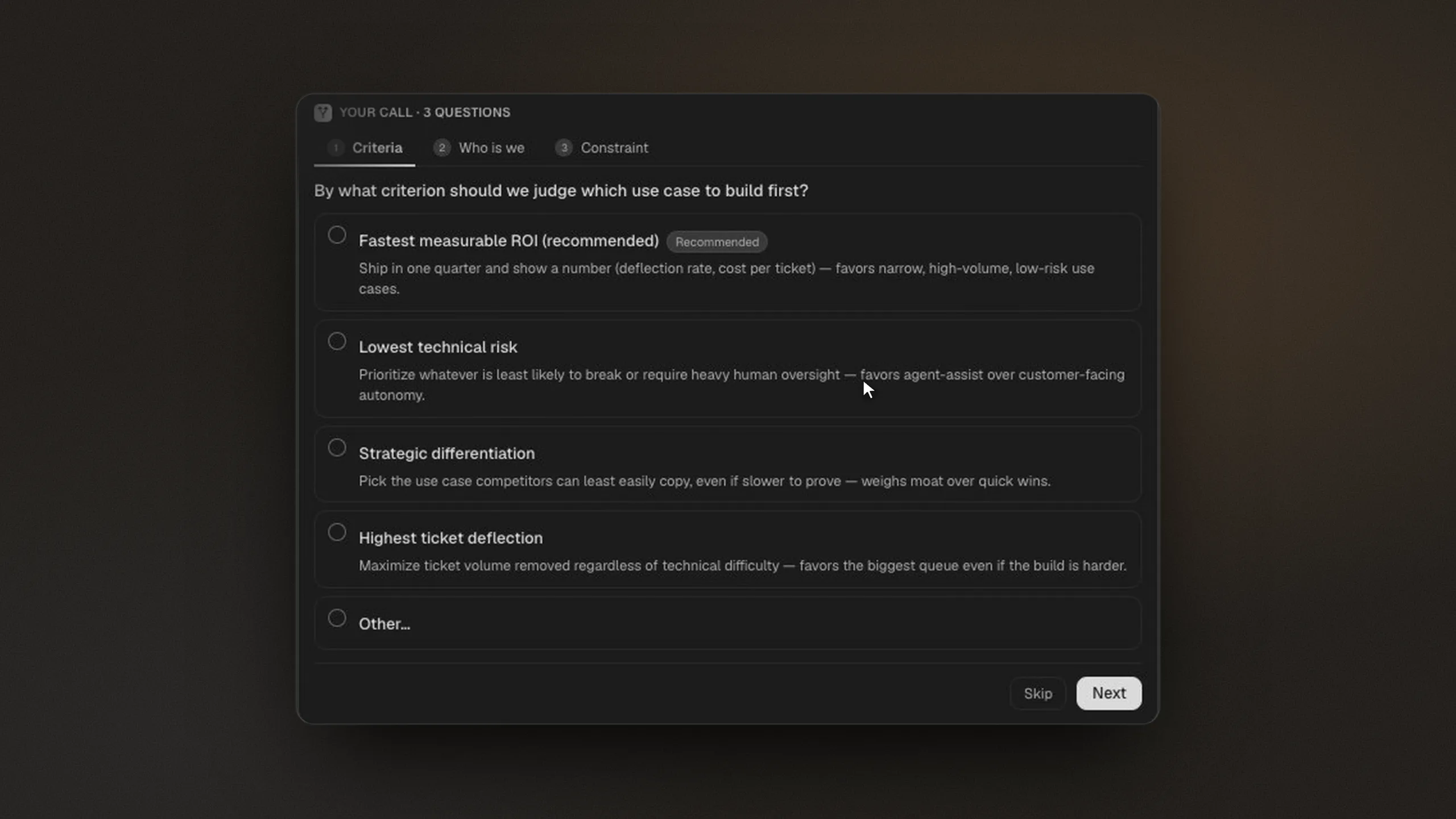 Citaria asking the first of three clarifying questions before research, with suggested answers and a recommended option