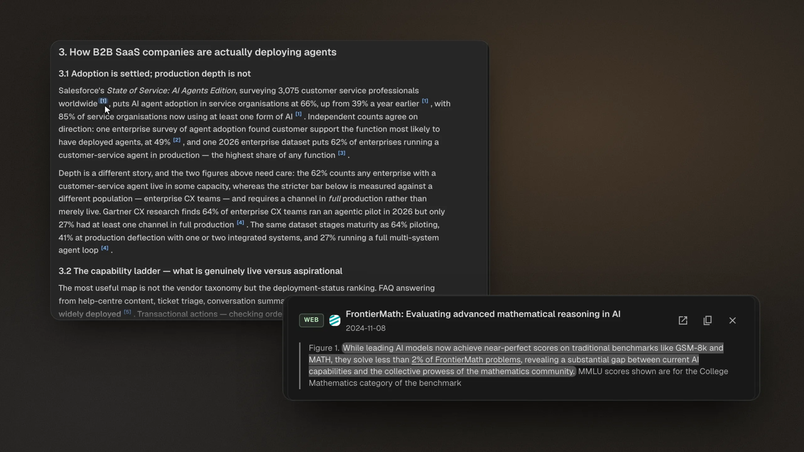 A Citaria report paragraph and the cited web passage saved with it, the supporting sentence highlighted in place