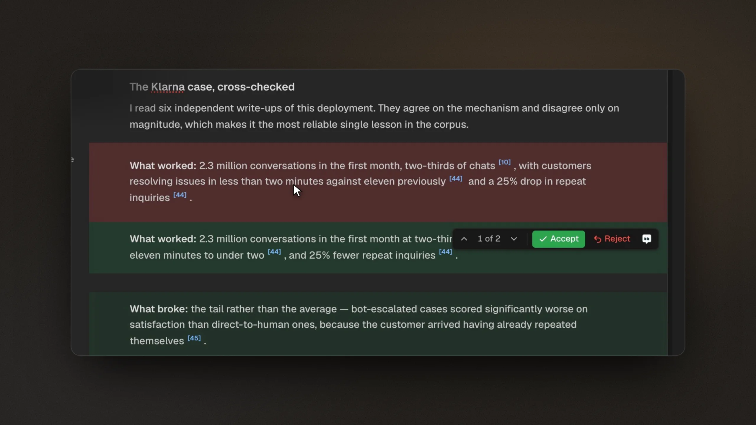 A Citaria report in review: an AI revision shown as removed text in red and added text in green, with Accept and Reject controls