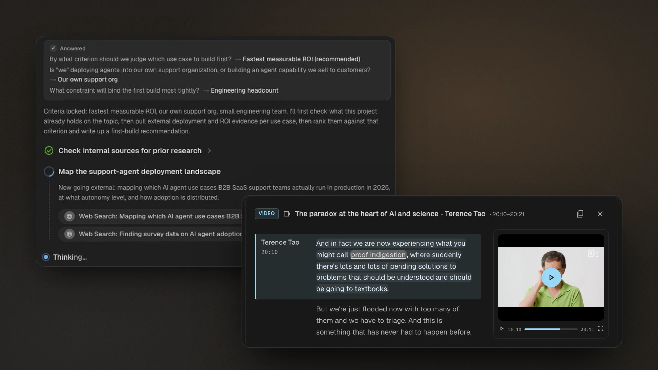 A Citaria research plan that checks internal sources before searching the web, beside a cited video transcript with the player cued to the quoted line