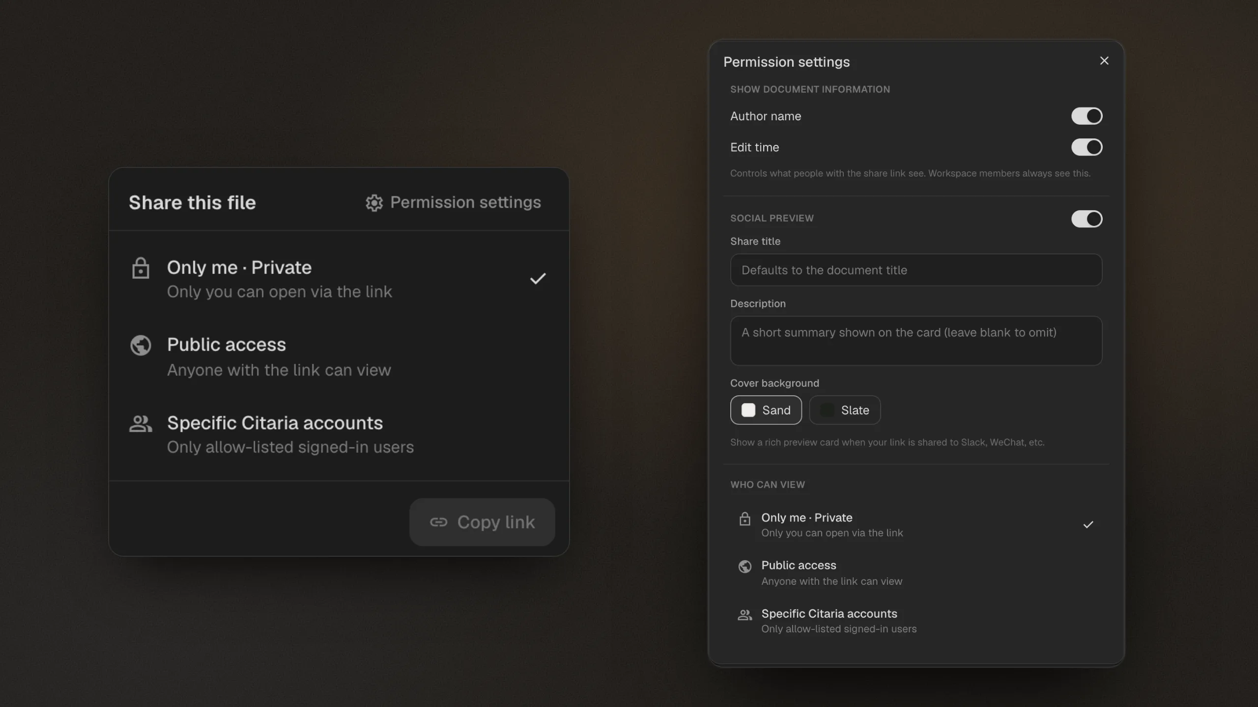 Citaria sharing options (only me, public access for anyone with the link, or specific Citaria accounts) and the permission settings for a shared report