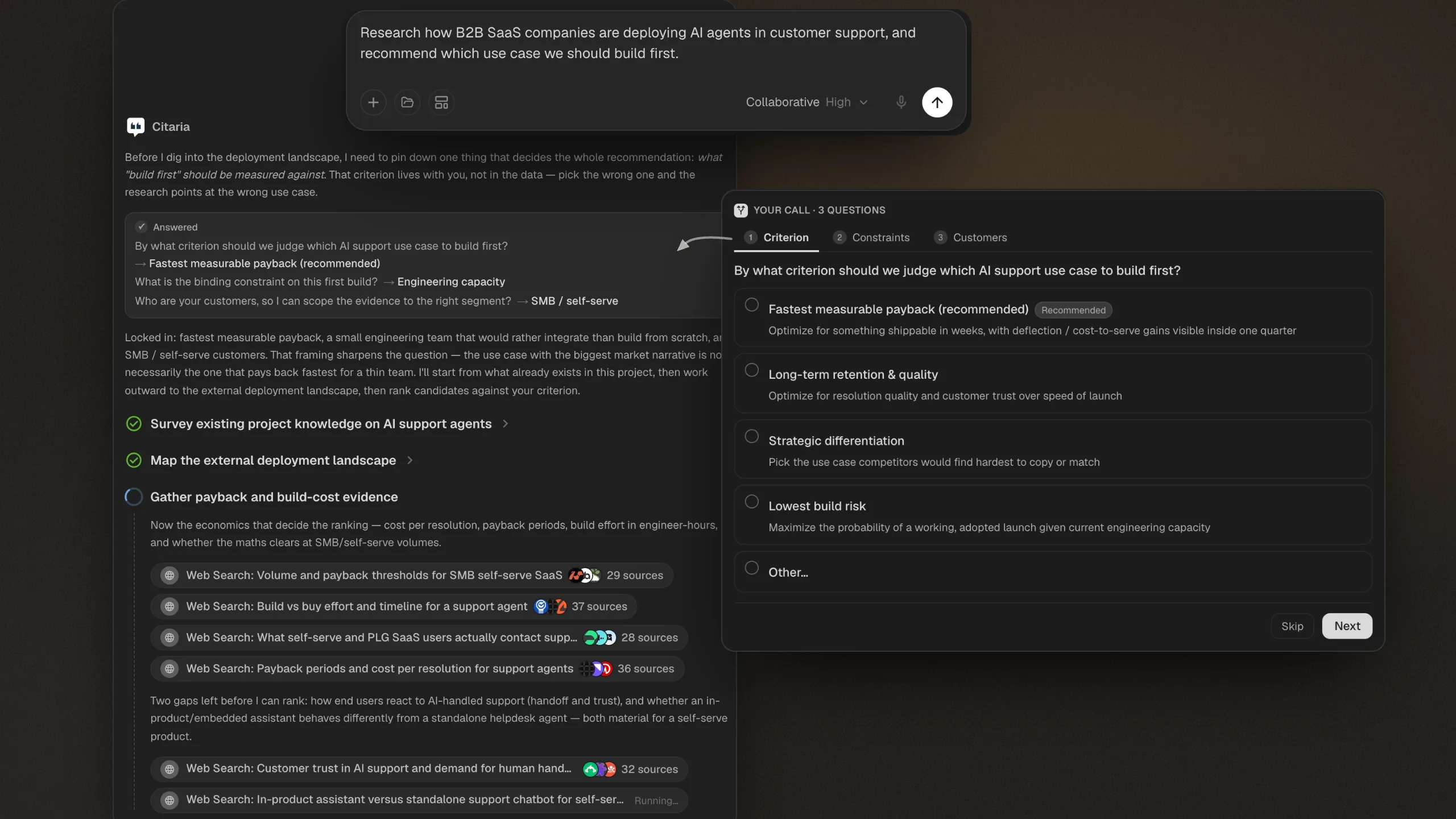 A research question in the Citaria composer, the clarifying questions Citaria asks before starting, and the resulting plan executing across web searches
